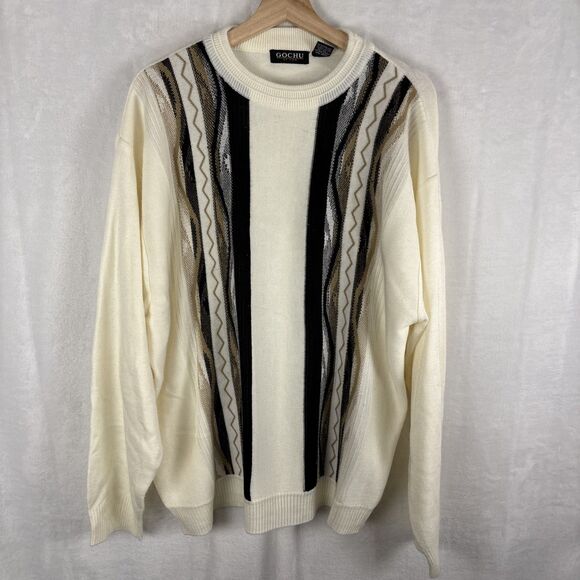 Gochu KBB Coogi Style 3D Knit Sweater Cream Biggie Retro Geometric Hip Hop 2XL - Picture 1 of 5